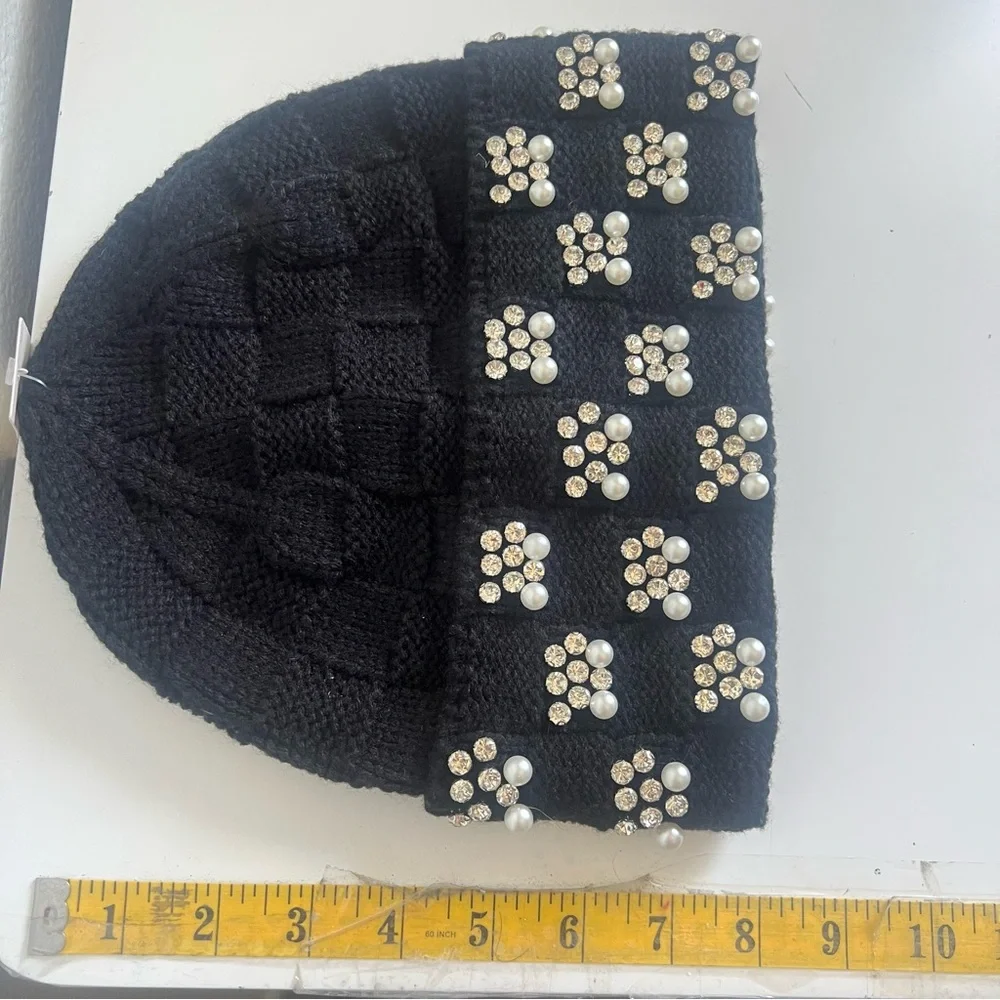 Anthropologie Maeve Checkered Crystal and Pearl Beanie - Black NWT